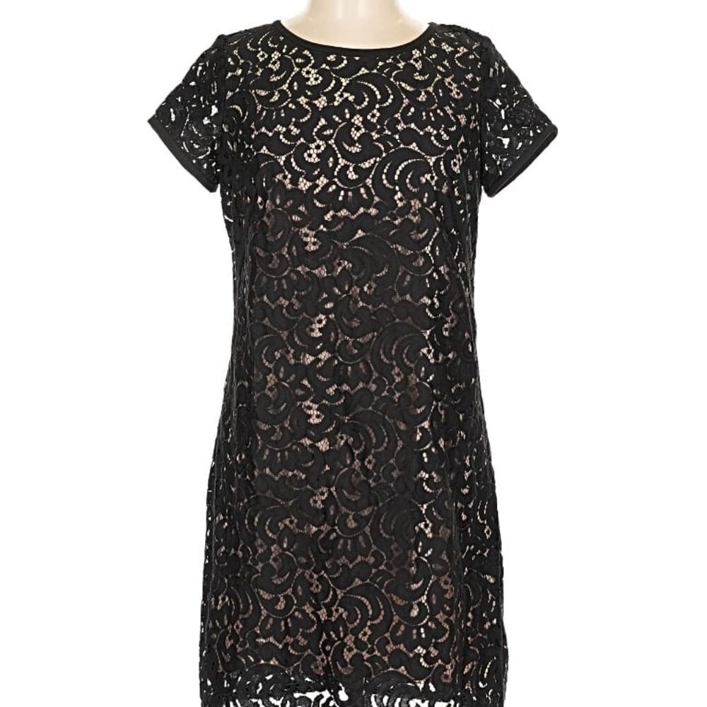 Ann Taylor Elegant Black Lace Overlay Dress | Nude Slip | Fits 8/10
